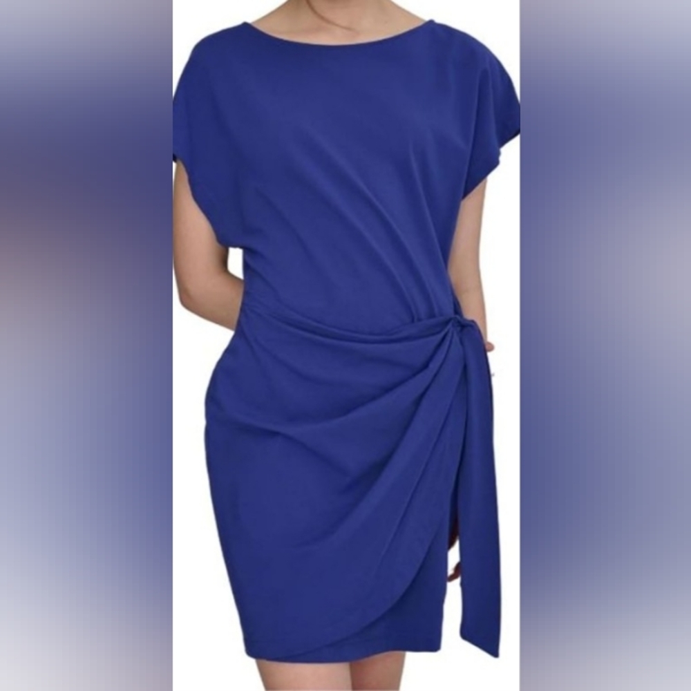 Dkny Women's Blue Side-Knot Short Sleeve Sheath Dress Size M